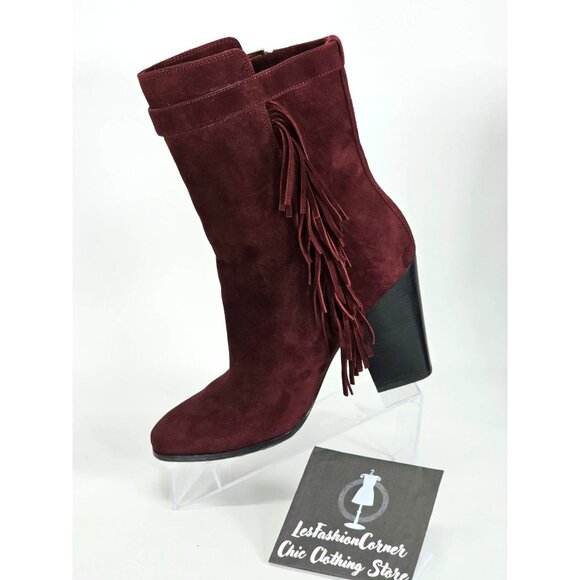 Sigerson Morrison Women's Burgundy Suede Mallie Fringe Dress Boots Size 9 1646 - Picture 9 of 10